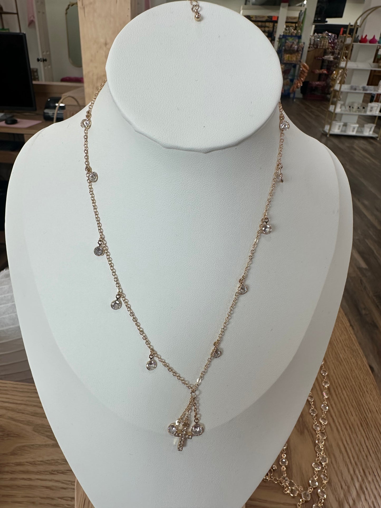 Small Crystal Gem Necklace with Cross