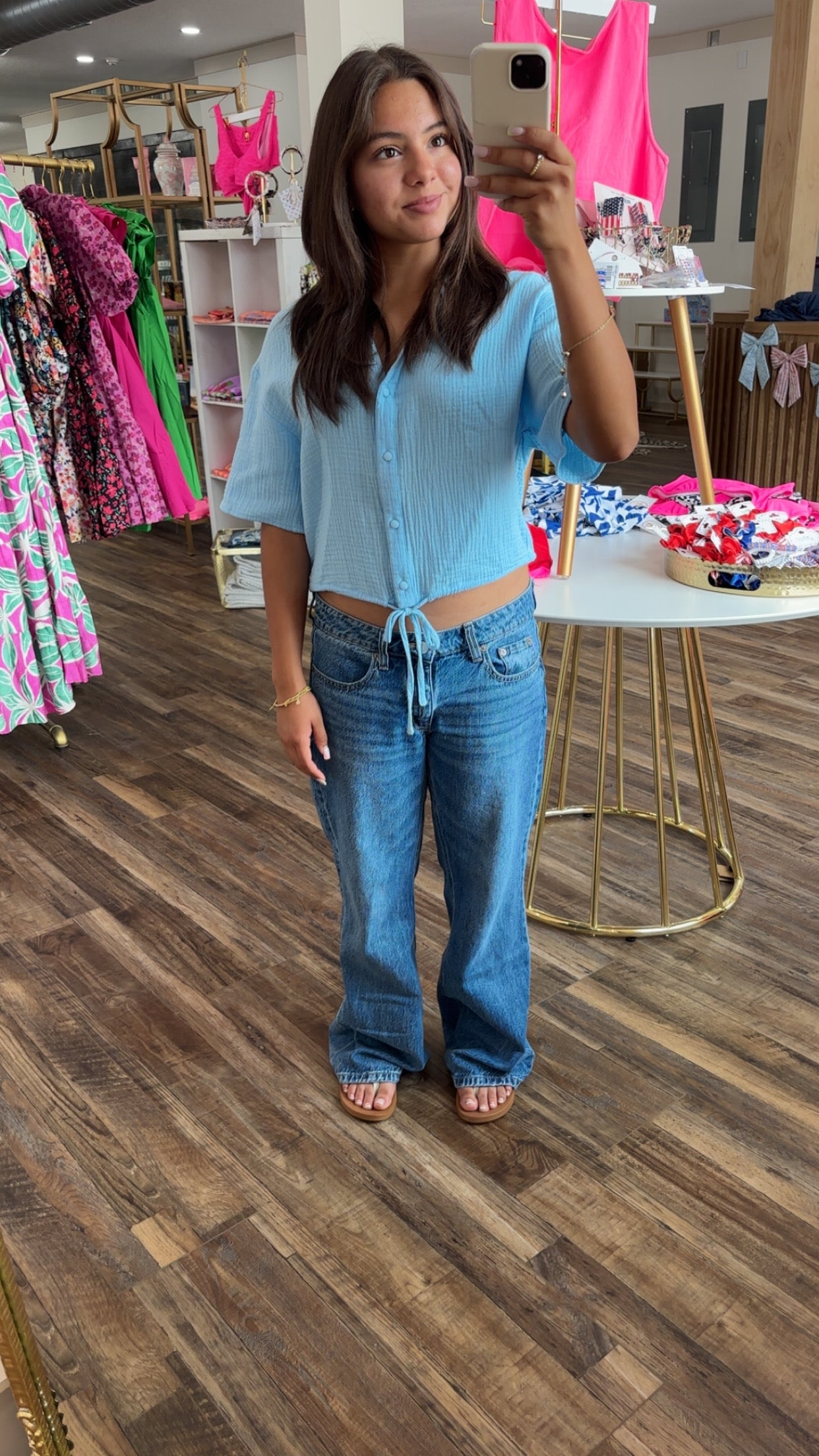Blue Textured Button Down Top