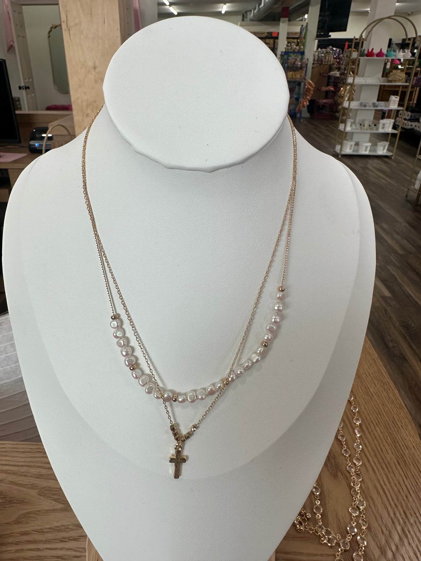 Layered Pearl and Cross Necklace