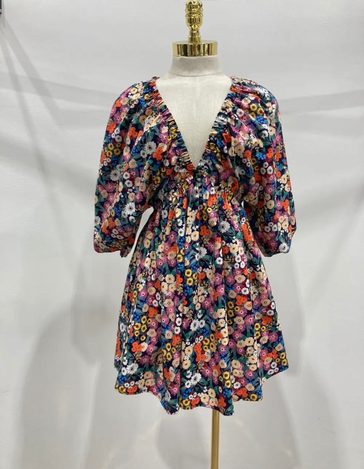 Balloon Sleeve Rouched Waist Short Dress