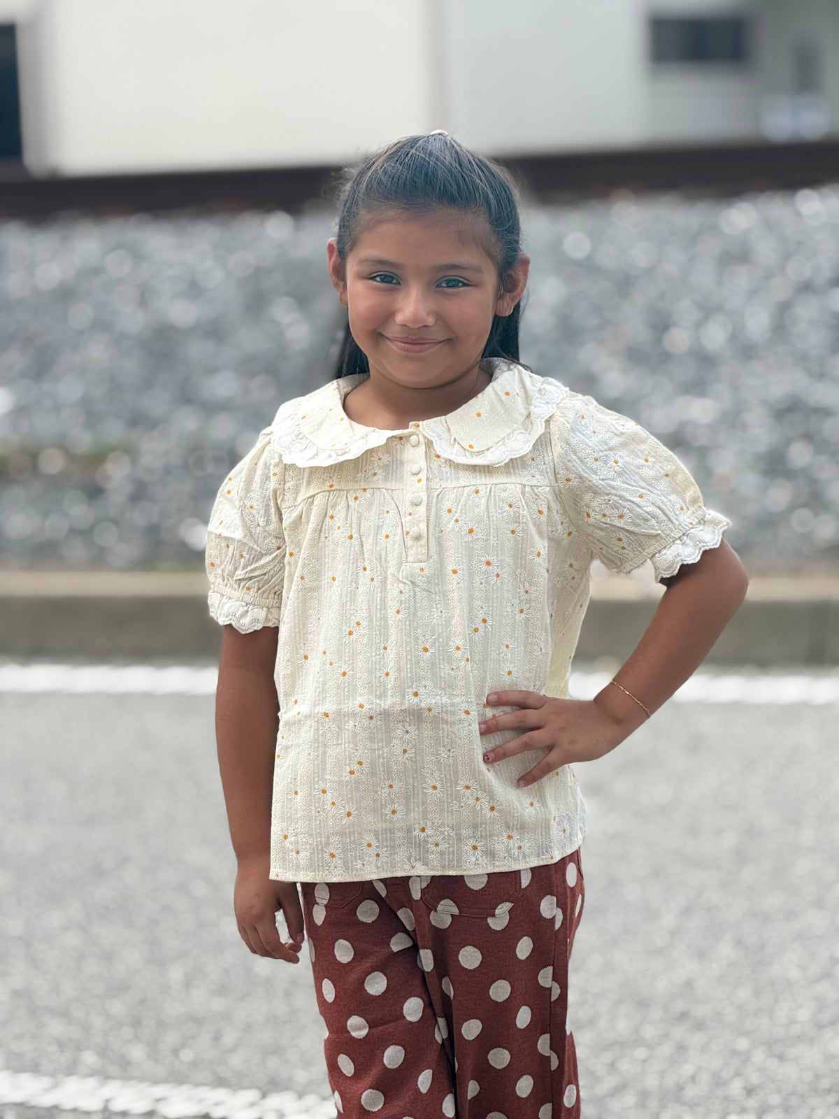 Girls Textured Floral Lace Peter Pan Collar Top