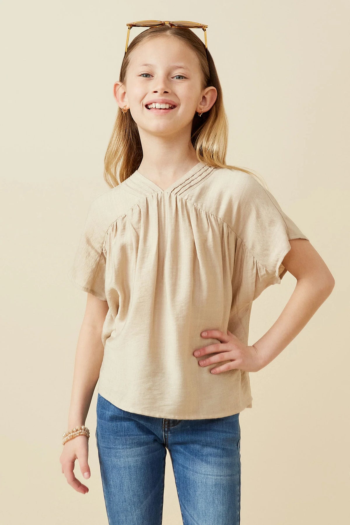 Girls Textured Pleated V Neck Top