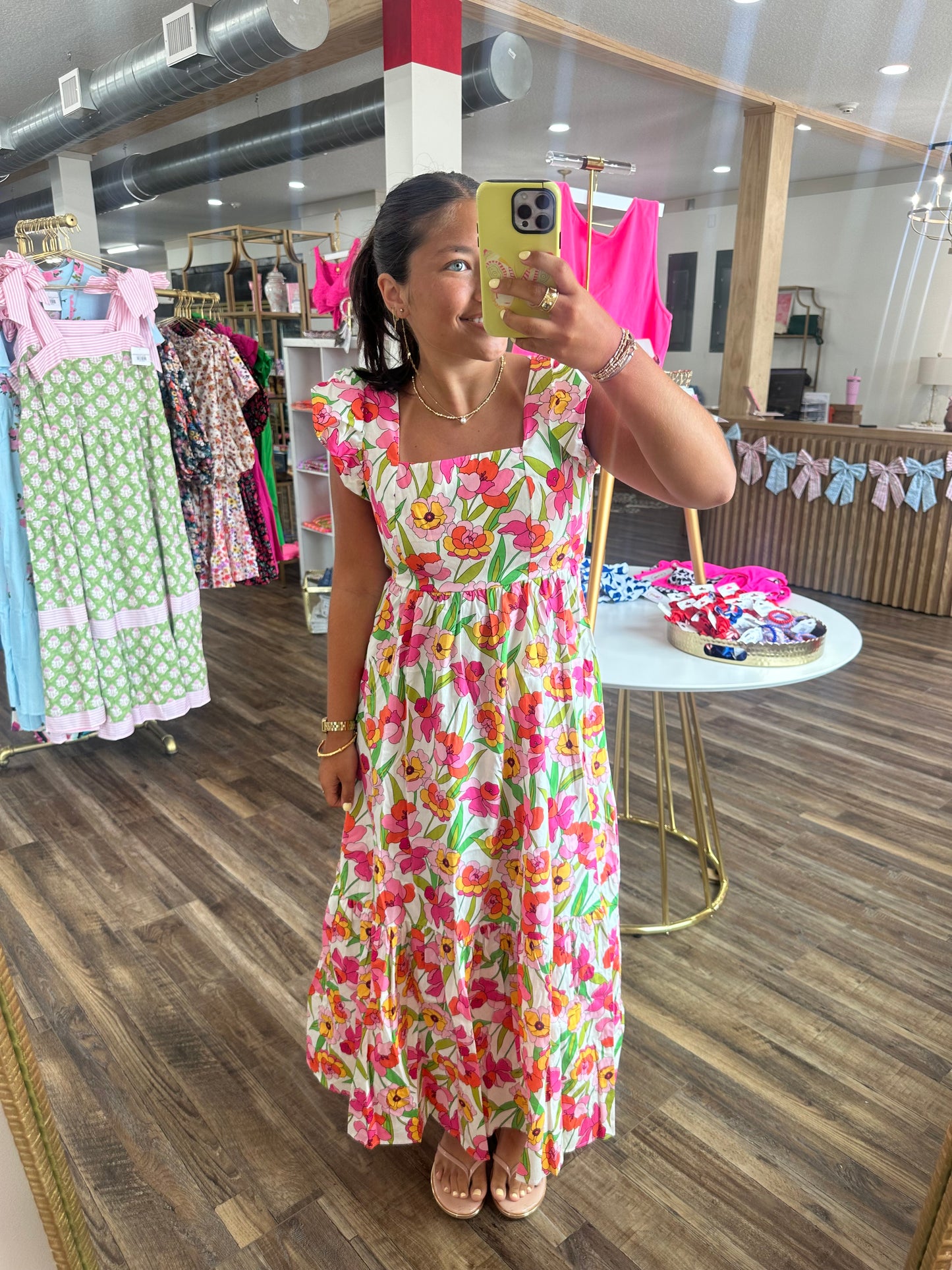 Square Neck Flutter Sleeve Maxi Dress