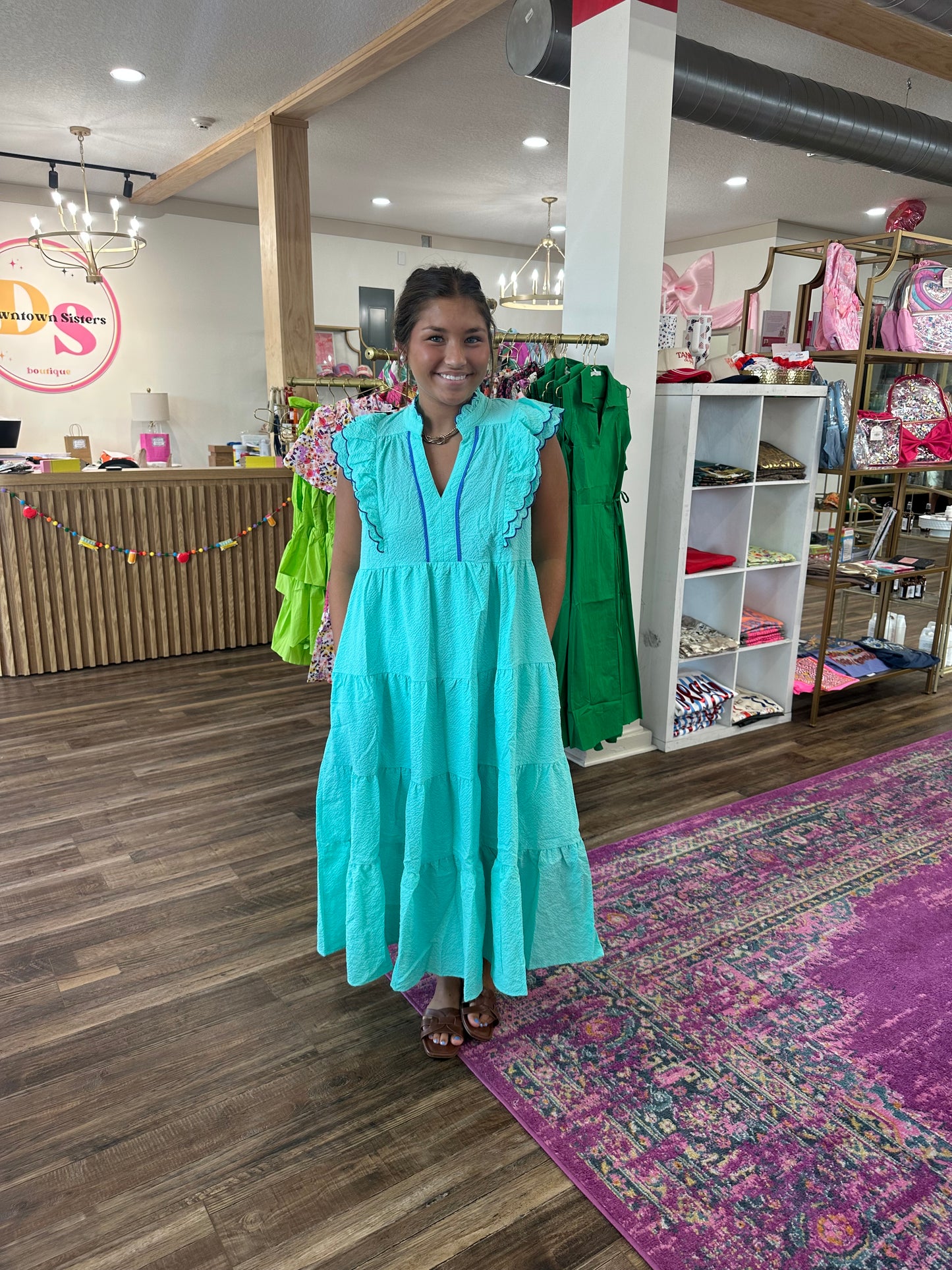 Seersucker Ruffle Sleeve Midi Dress