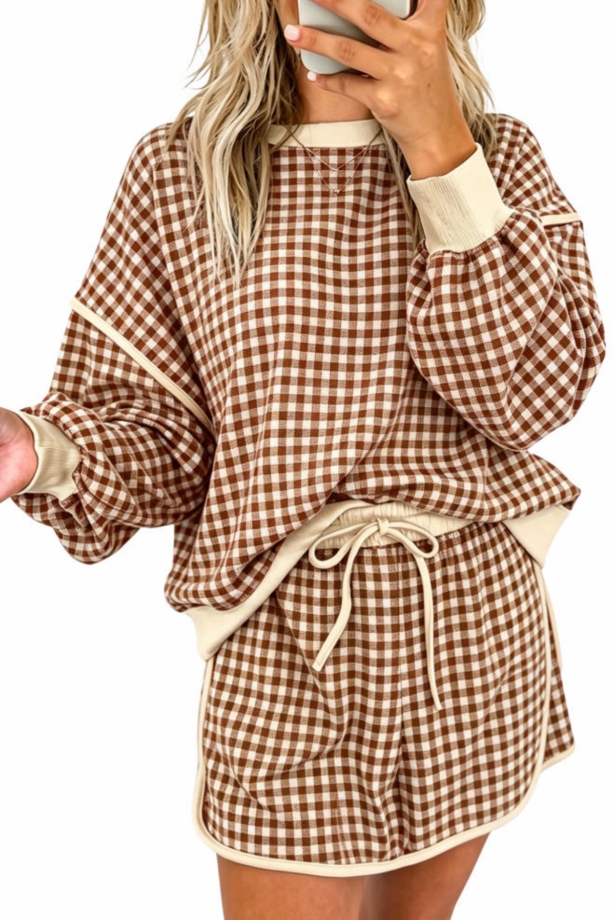 Oversized Brown Gingham Skort Set