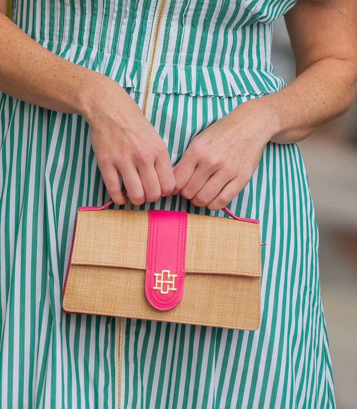 Caroline Hill- Waverly Clutch Natural Hot Pink