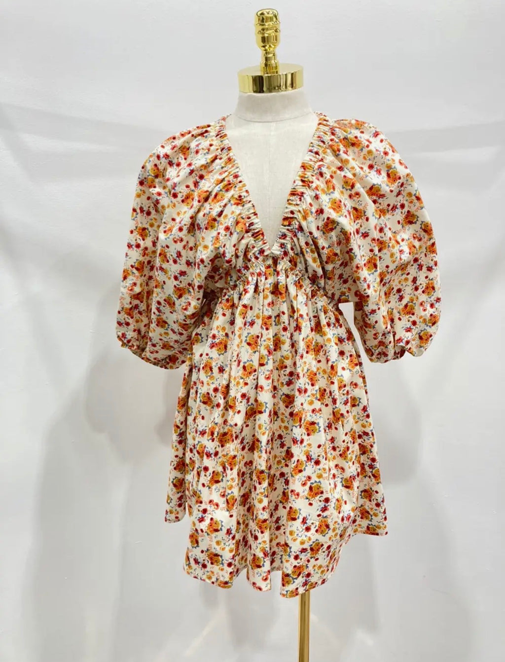 Balloon Sleeve Rouched Waist Short Dress