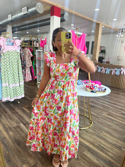 Square Neck Flutter Sleeve Maxi Dress