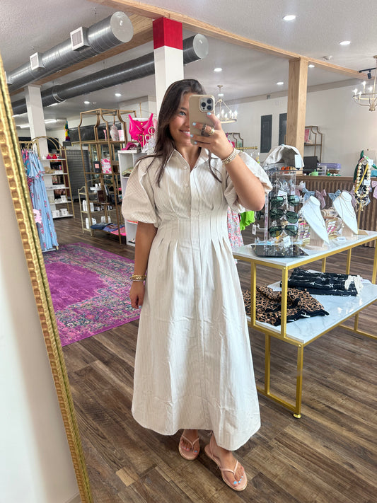Cream Striped Puff Sleeve Maxi
