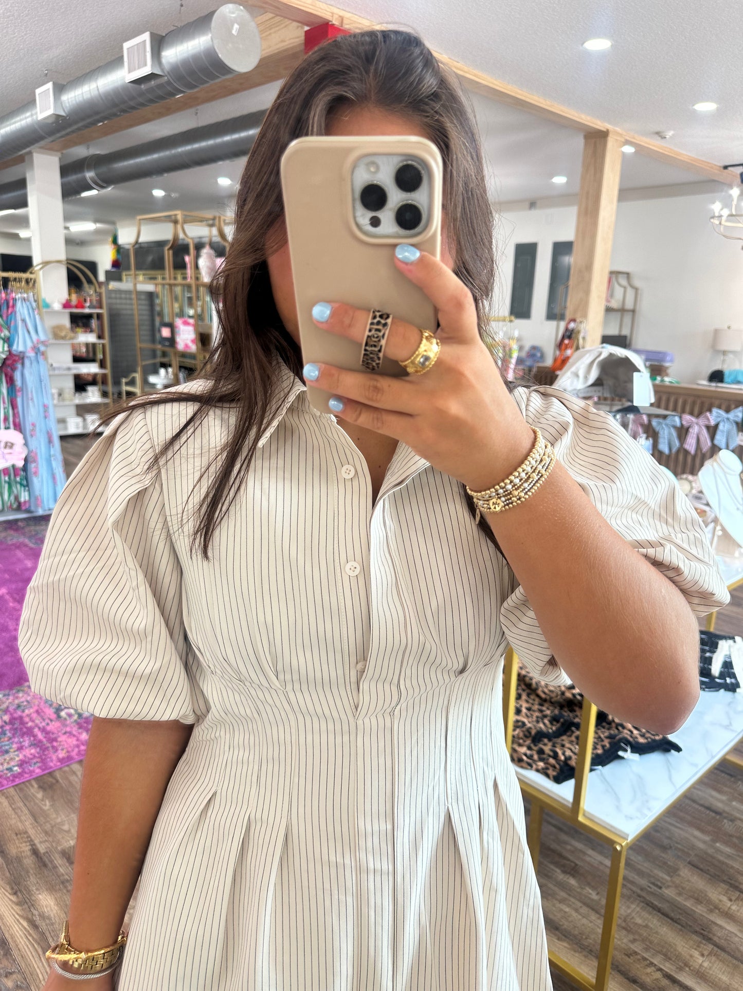 Cream Striped Puff Sleeve Maxi