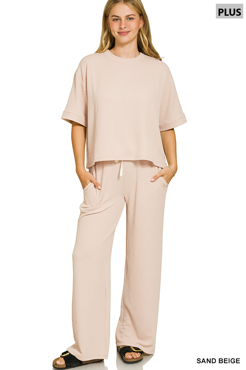 Plus Raised Rib Short Sleeve Tee & Pants Set