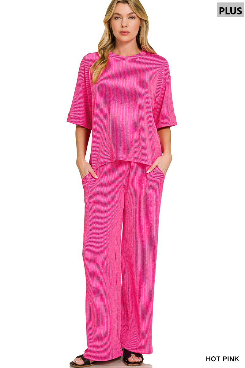 Plus Raised Rib Short Sleeve Tee & Pants Set