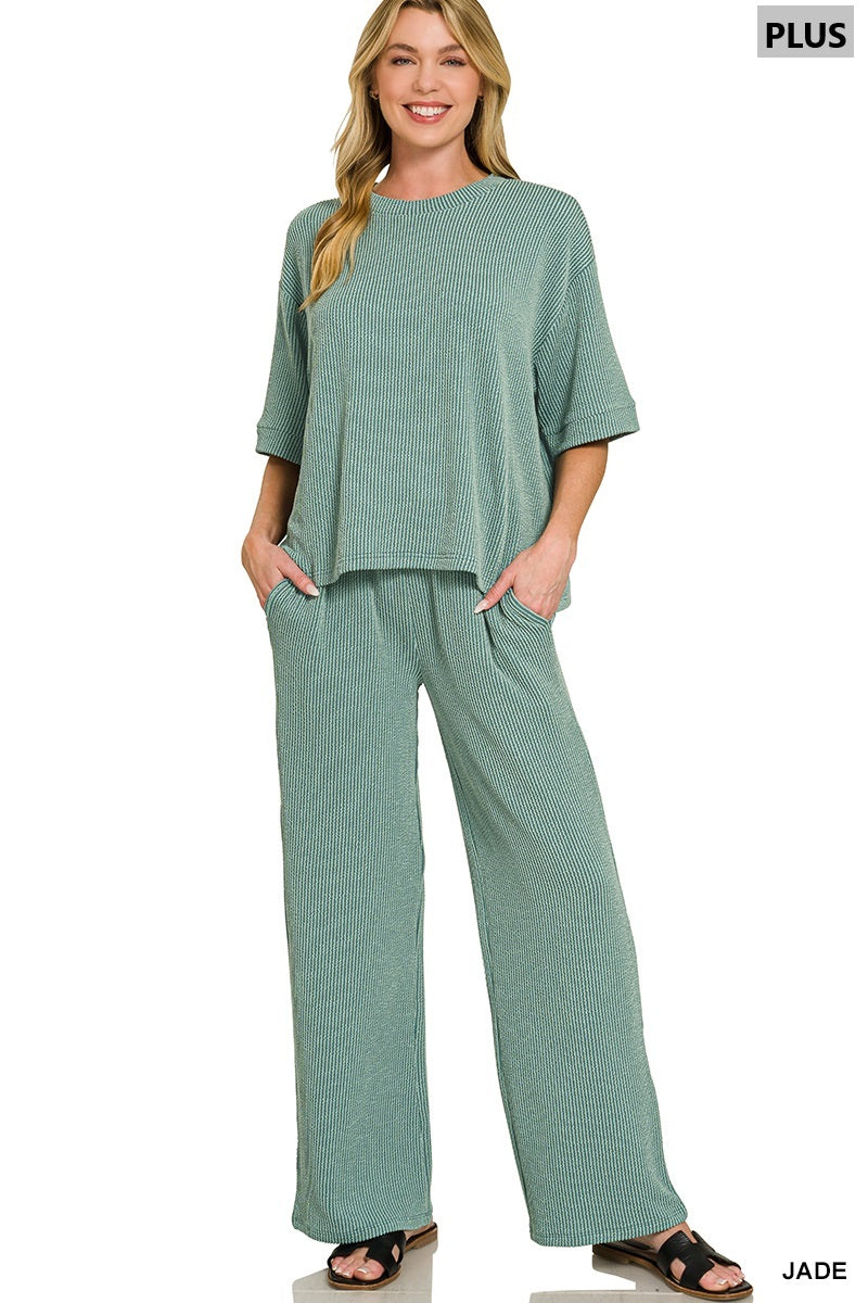 Plus Raised Rib Short Sleeve Tee & Pants Set