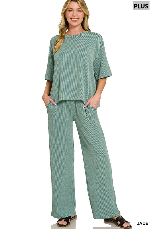 Plus Raised Rib Short Sleeve Tee & Pants Set