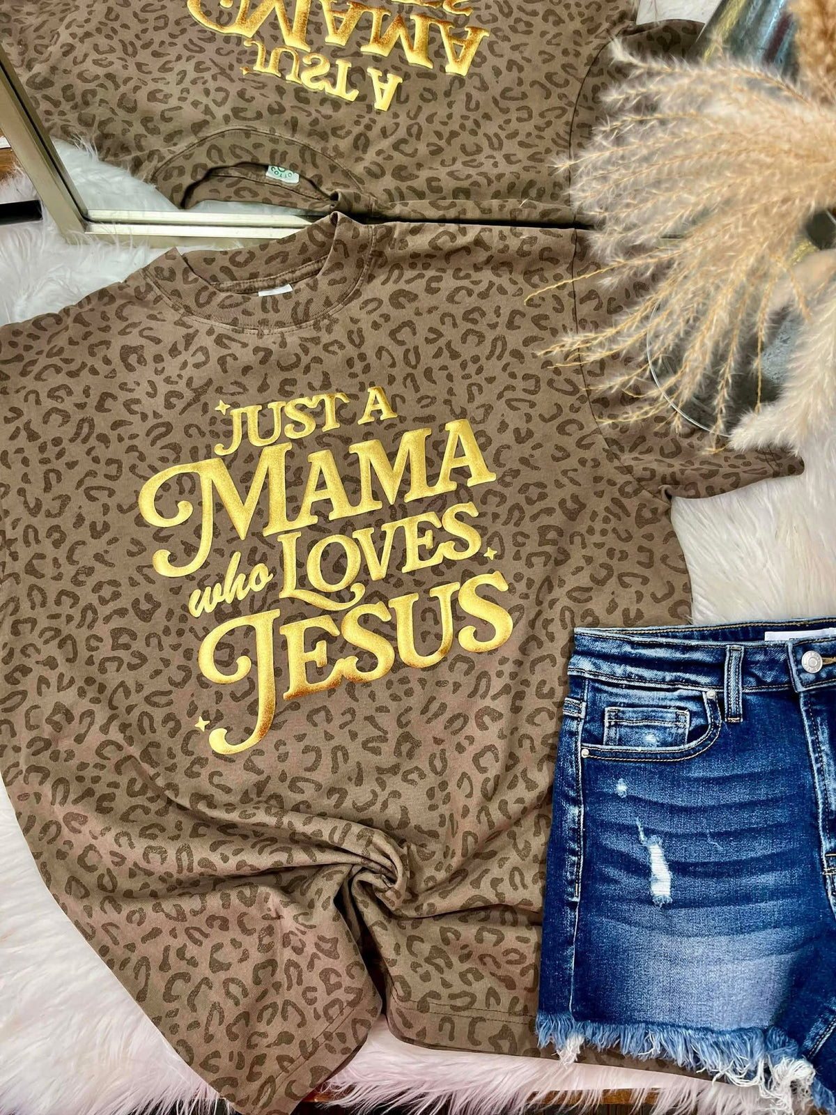 Just A Mama Who Loves Jesus- Leopard/ Gold Mettalic